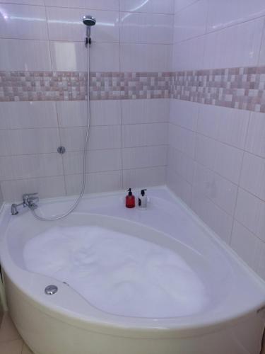 a bath tub with a shower with two bottles on it at Love Holiday Suite 2 in Tris Elies