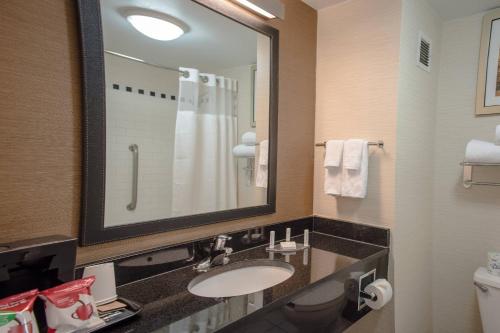 La salle de bains est pourvue d'un lavabo et d'un grand miroir. dans l'établissement Fairfield Inn & Suites by Marriott Knoxville/East, à Knoxville