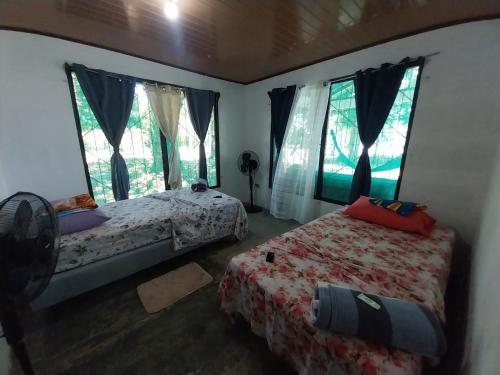 a bedroom with two beds and two windows at Happy Monkeys in Puerto Jiménez