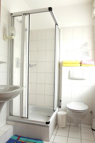 a bathroom with a shower and a toilet at Hotellerie Gasthaus Schubert in Garbsen