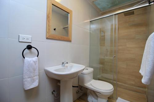 y baño con aseo, lavabo y ducha. en APART HOTEL CASA BLANCA en Cuenca