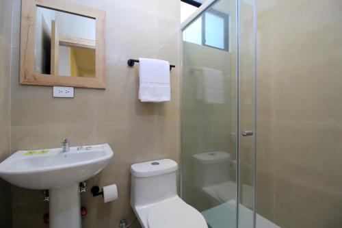 a bathroom with a toilet and a sink and a shower at Apart Hotel Casa Blanca in Cuenca