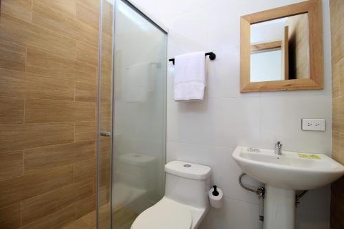 a bathroom with a toilet and a sink and a shower at Apart Hotel Casa Blanca in Cuenca
