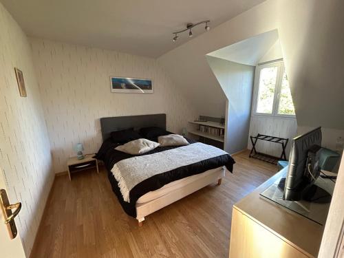 1 dormitorio con 1 cama y TV en Maison Karmanor, en Monthoiron