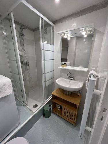 a white bathroom with a shower and a sink at Joli appartement d'artiste 44m2 in Nice