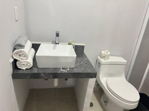Casa Hipocampo في El Coacoyul: حمام مع حوض أبيض ومرحاض