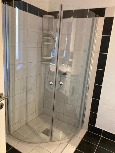 een douche met een glazen deur in de badkamer bij Hegedal Apartment in Hobro