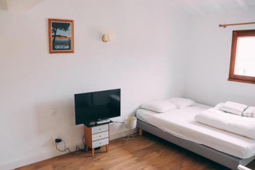 ein kleines Schlafzimmer mit einem Bett und einem TV in der Unterkunft Maison climatisé 2 chambres 700 m de la mer avec parking gratuit in Saint-Cyprien