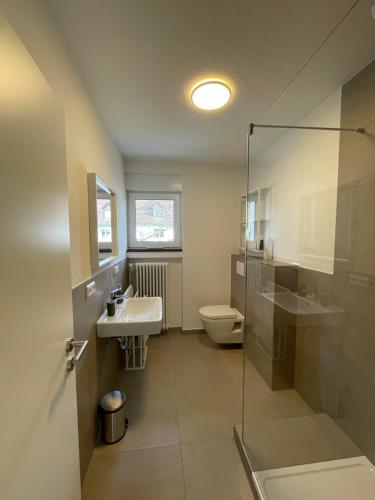 e bagno con servizi igienici, lavandino e doccia. di Eckberg Apartment near City Centre & Nature a Baden-Baden