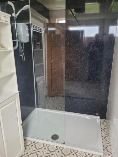 a shower with a glass door in a bathroom at The Cabin Getaway in Derry Londonderry