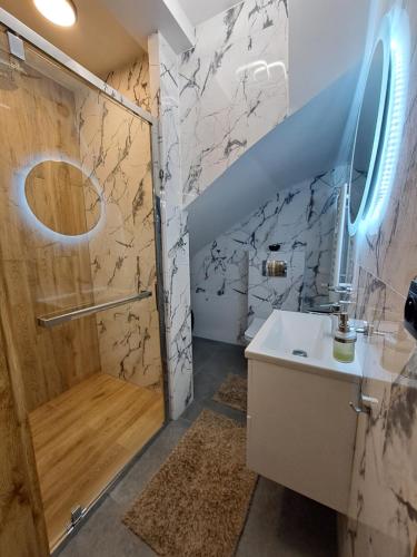 a bathroom with a shower and a sink and a toilet at Apartament NATA in Zakopane