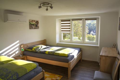 a bedroom with two beds and a window at Domek u Dyje in Znojmo