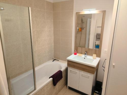 a bathroom with a tub and a sink and a shower at Superbe appartement avec jardin in Courrejean