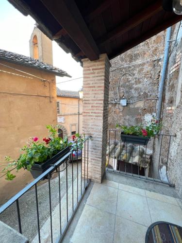 a balcony with two potted plants on a building at La Rocchetta in Sutri