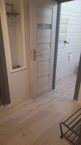 a bathroom with a door and a walk in shower at Tumska Przystań in Chełmża