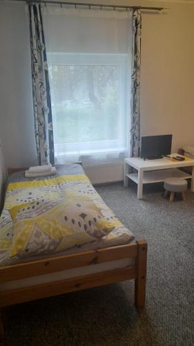 a bedroom with a bed with a canopy and a window at Tumska Przystań in Chełmża