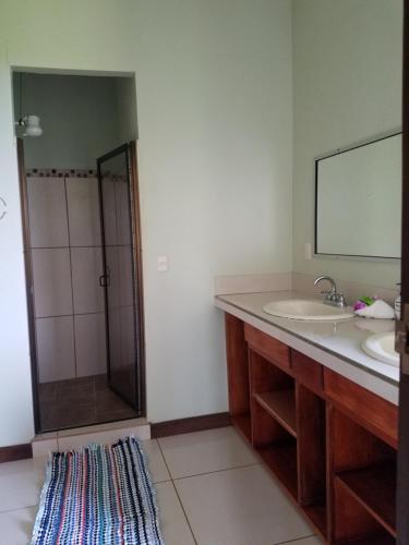 een badkamer met een douche, een wastafel en een spiegel bij House Susan in San Pedrillo