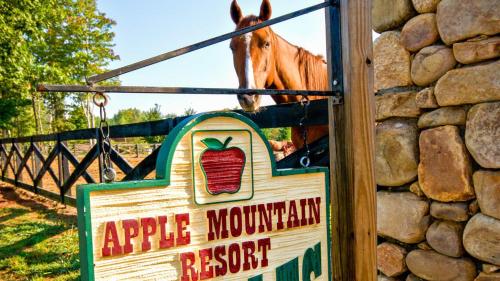 koń stojący za znakiem ośrodka Apple Mountain w obiekcie Holiday Inn Club Vacations Apple Mountain Resort at Clarkesville w mieście Clarkesville