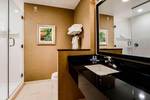 La salle de bains est pourvue d'un lavabo, d'un miroir et de toilettes. dans l'établissement Fairfield Inn & Suites by Marriott Pecos, à Pecos