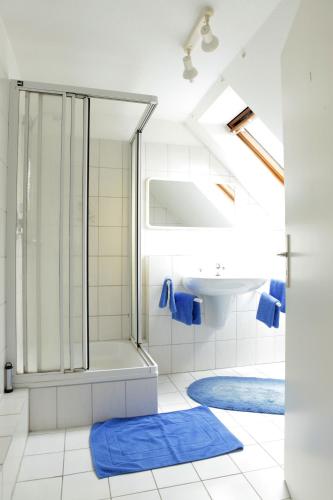 a bathroom with a shower and a sink at Hotellerie Gasthaus Schubert in Garbsen