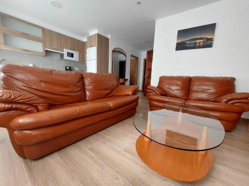a living room with a leather couch and a glass table at Apartamento Laura in O Pindo