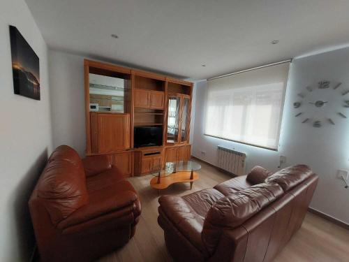 a living room with a leather couch and a tv at Apartamento Laura in O Pindo