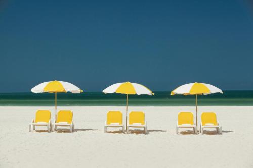 a group of chairs and umbrellas on a beach at Sandpearl Resort Private Beach in Clearwater Beach