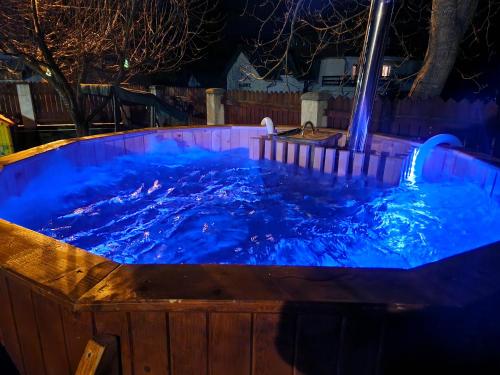 a hot tub with blue lighting in a backyard at night at Casa Minerva in Buşteni