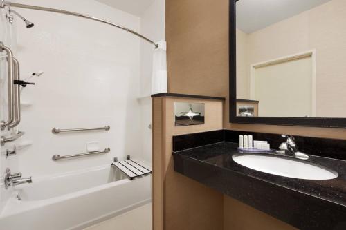 La salle de bains est pourvue d'un lavabo, d'une baignoire et d'un miroir. dans l'établissement Fairfield Inn & Suites Omaha East/Council Bluffs, IA, à Council Bluffs