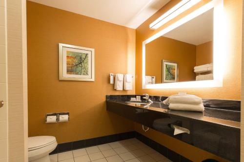 a bathroom with a sink and a toilet and a mirror at Fairfield Inn and Suites by Marriott Portsmouth Exeter in Exeter