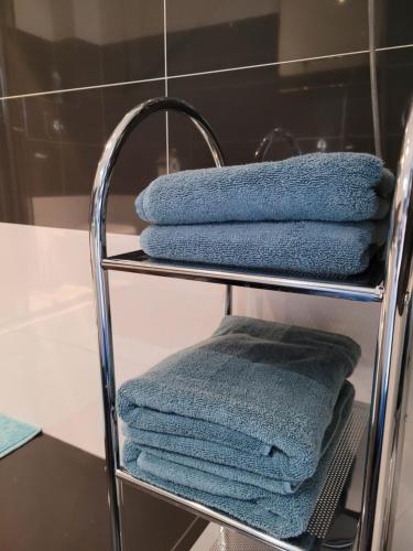 a metal towel rack with blue towels on it at Aparatment Zatoka Pucka in Puck