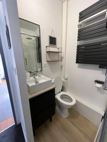 uma casa de banho com um WC branco e um lavatório. em Le Gîte du Petit Buccin à 2 mn de la mer. em Dieppe