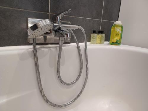 a shower head in a bath tub in a bathroom at Two bedrooms modern apartment close to Tram in Toulouse