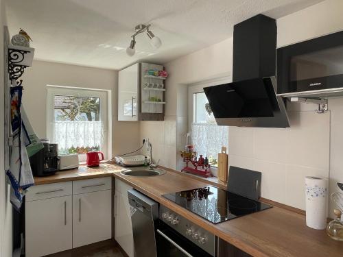 a kitchen with a sink and a stove top oven at Ferienwohnung Levin in Dargun