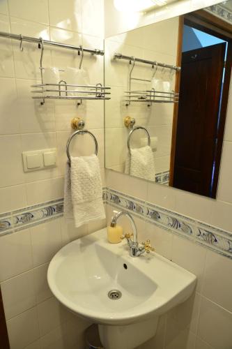 a bathroom with a sink and a mirror at Pensjonat B&B Nad Rudawą in Krakow