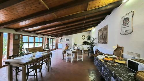 ein Wohnzimmer mit einem Tisch, Stühlen und einer Person in der Unterkunft Agriturismo Il Pillone in Montecatini Terme