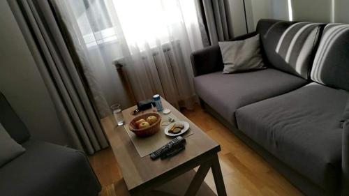 a living room with a couch and a table with a bowl of fruit at Apartman SUNNY Brzeće,Kopaonik in Brus