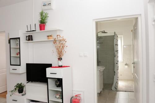 a white bathroom with a tv on a white wall at Apartman Noa 16 in Ðurđevac