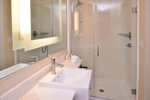 a white bathroom with a sink and a shower at SpringHill Suites by Marriott Voorhees Mt. Laurel/Cherry Hill in Voorhees