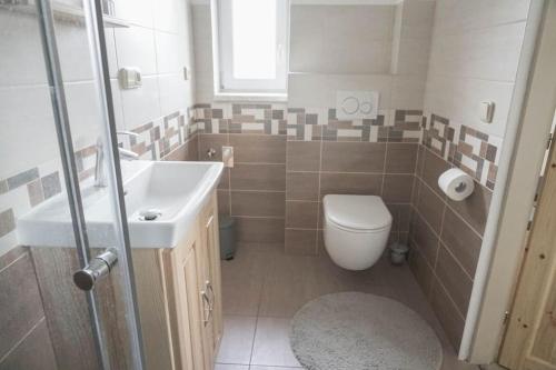 uma casa de banho com um WC e um lavatório em Apartmán U Poštovských 