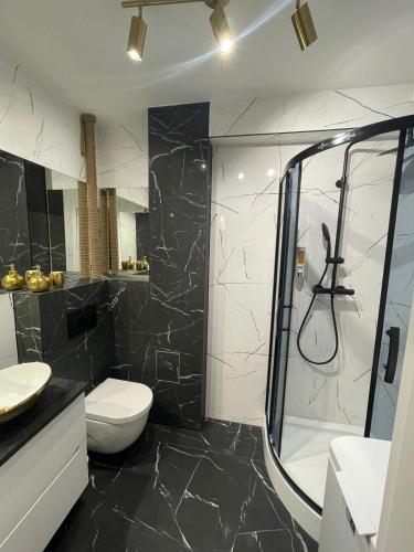 a black and white bathroom with a shower and a toilet at LUXURY GOLD APARTMENT by Marta in Radom