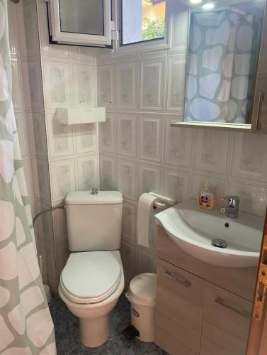 a small bathroom with a toilet and a sink at Jenny's Holiday Villas in Polychrono
