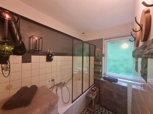 a bathroom with a shower and a sink at Haus SaBo 