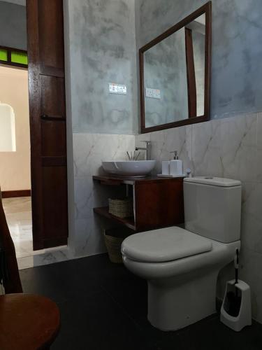 a bathroom with a white toilet and a sink at Maisha Villa Nungwi in Banda Kuu