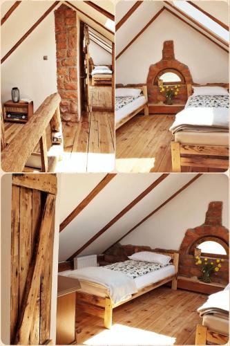 a collage of four pictures of a room with beds at SARNOGRÓD - Agroturystyka z alpakami in Babięta