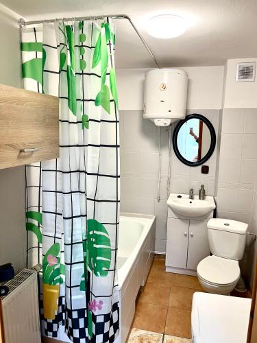 a bathroom with a toilet and a sink and a shower curtain at Słoneczny domek z ogrodem na wyłączność in Podzamcze