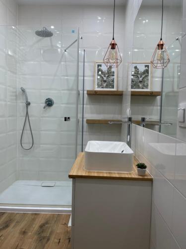 a white bathroom with a sink and a shower at Zabielne 9 in Biała Piska