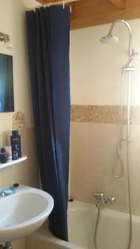 een badkamer met een bad, een wastafel en een douche bij Ferienhaus Villa-Josefin in De Haan