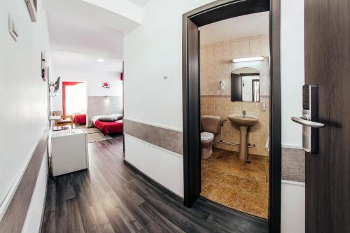 a bathroom with a toilet and a sink in a room at Hotel Simeria in Gura Humorului
