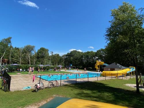 un grupo de personas en una piscina en un parque en VerandaChalet 6p centrally located in National Park, Swimming pool, en Wateren